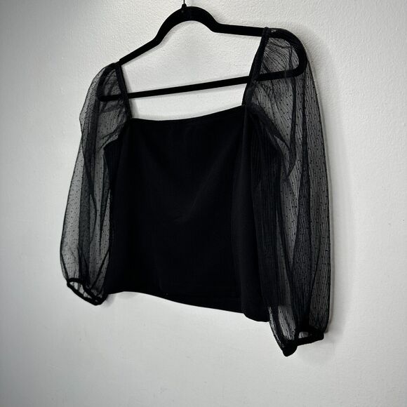 Socialite Black Square Neck Sheer Polka Dot Mesh Balloon Sleeve Crop Top M - Picture 3 of 12